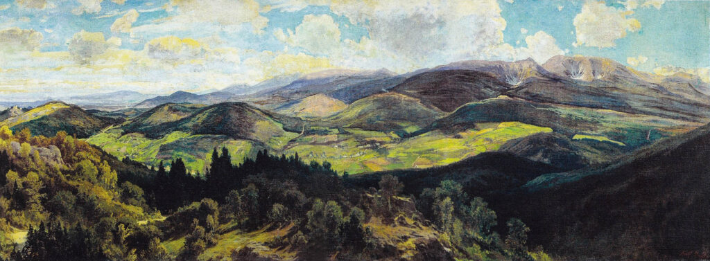 Szkic olejny (321 cm x 109 cm) do panoramy Karkonoszy, 1879, autor Adolf Dressler (1833-1881) w zbiorach Muzeum Karkonoskiego w Jeleniej Górze